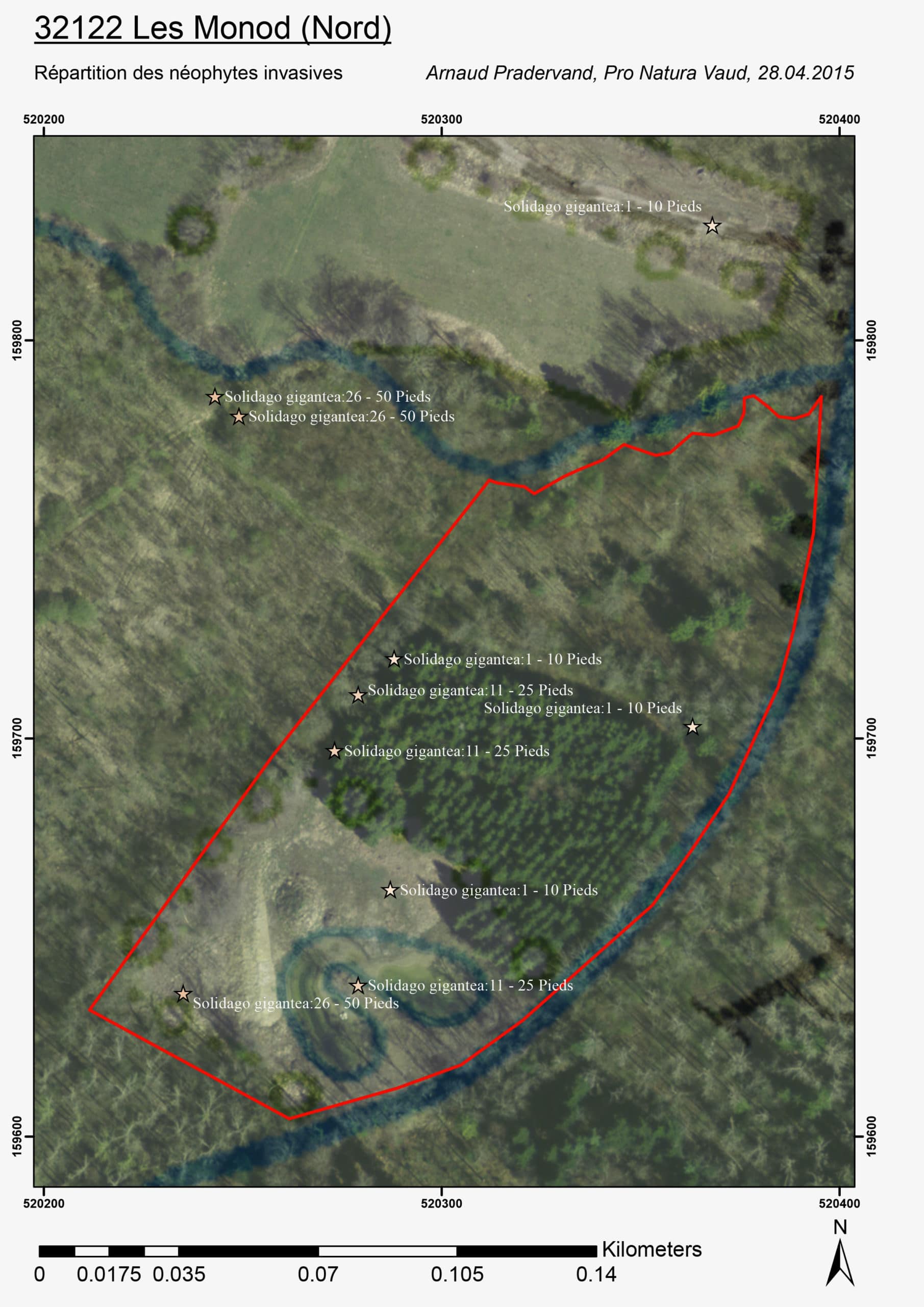 Carte de répartition des Néophytes invasives, réserve des Monods, PNVD. AP 2015